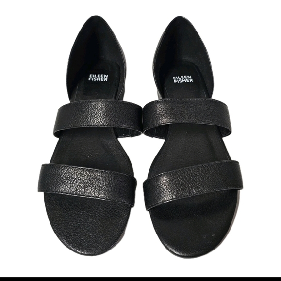 Eileen Fisher  Val  BLACK Tumbled Leather Sandals simple double strap size 9.5 - Picture 1 of 10